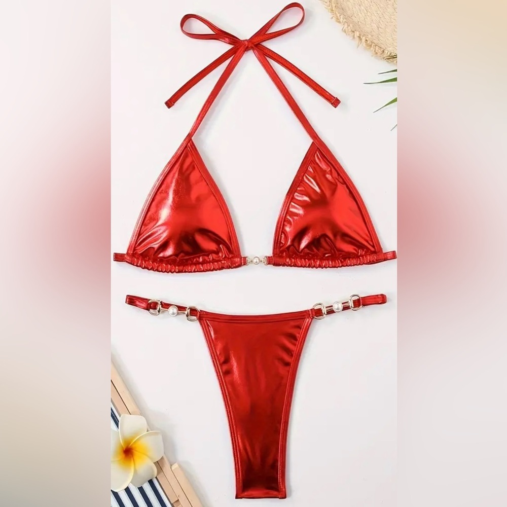 Red Metallic Triangle Halter Thong Bikini Set - Picture 5 of 12
